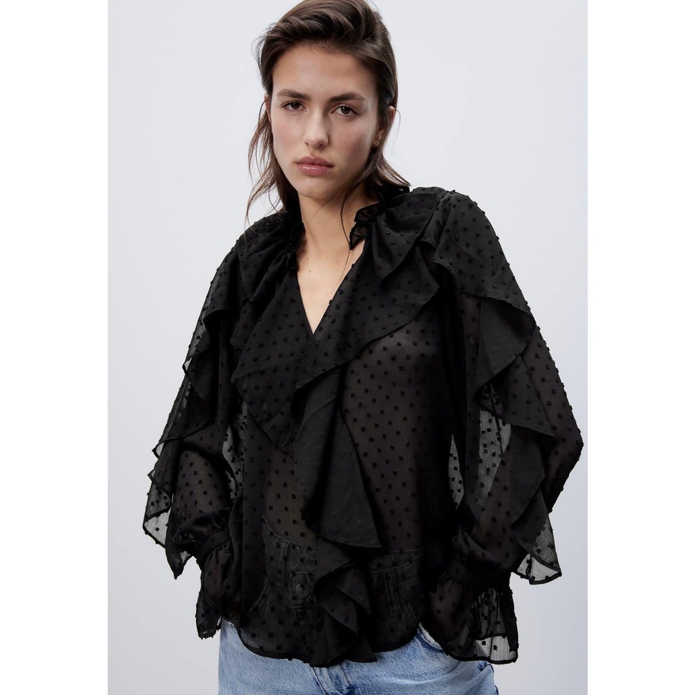 ZARA SWISS DOT RUFFLED BLOUSE BLACK